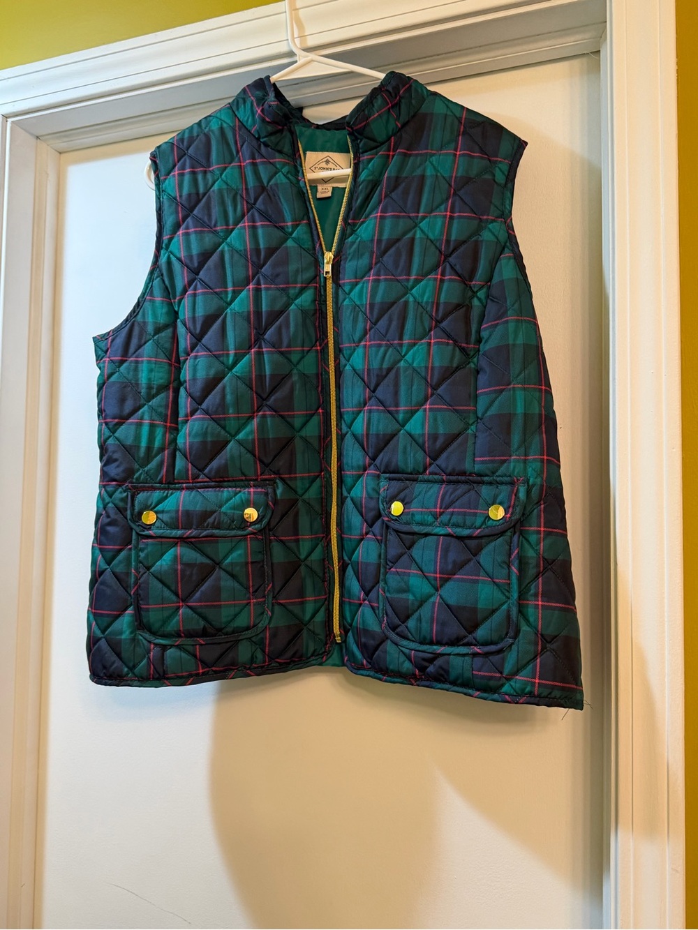 St. John's Bay Green and Navy Quilted Plaid Hooded Vest